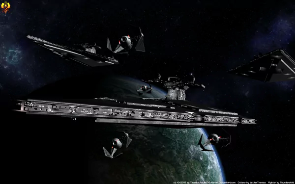 4K Ultra HD wallpaper featuring a Vindicator-class heavy cruiser Star Destroyer and starfighters from Star Wars orbiting a planet in deep space.
