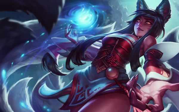 HD desktop wallpaper featuring Ahri from the video game League of Legends, showcasing her casting a mystical blue orb with an enchanting background.