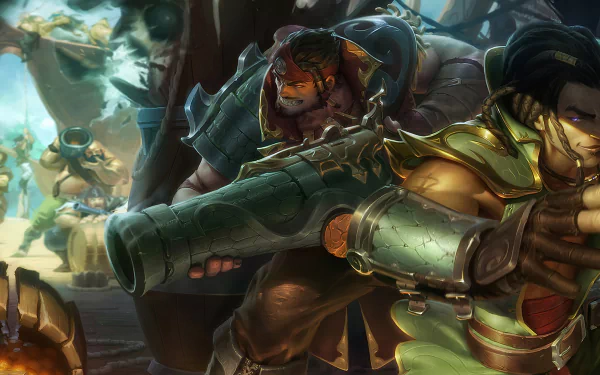 HD PC desktop wallpaper featuring pirate-themed League of Legends characters Twisted Fate and Graves in dynamic action poses from the video game.