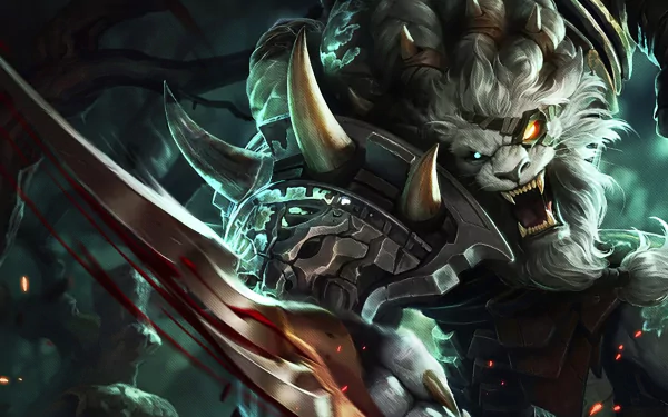 A dramatic HD wallpaper featuring Rengar from League of Legends, showcasing his fierce expression and powerful stance against a shadowy background.