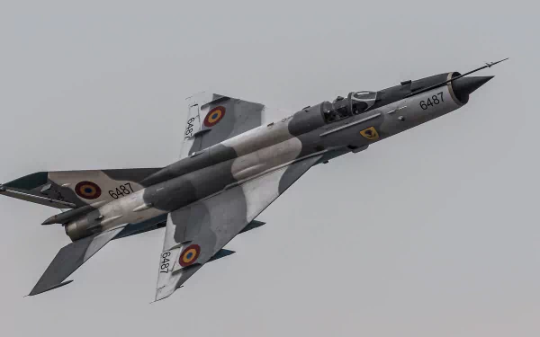 HD desktop wallpaper of a Mikoyan-Gurevich MiG-21 jet fighter in flight, showcasing its military design and markings against a gray sky backdrop.