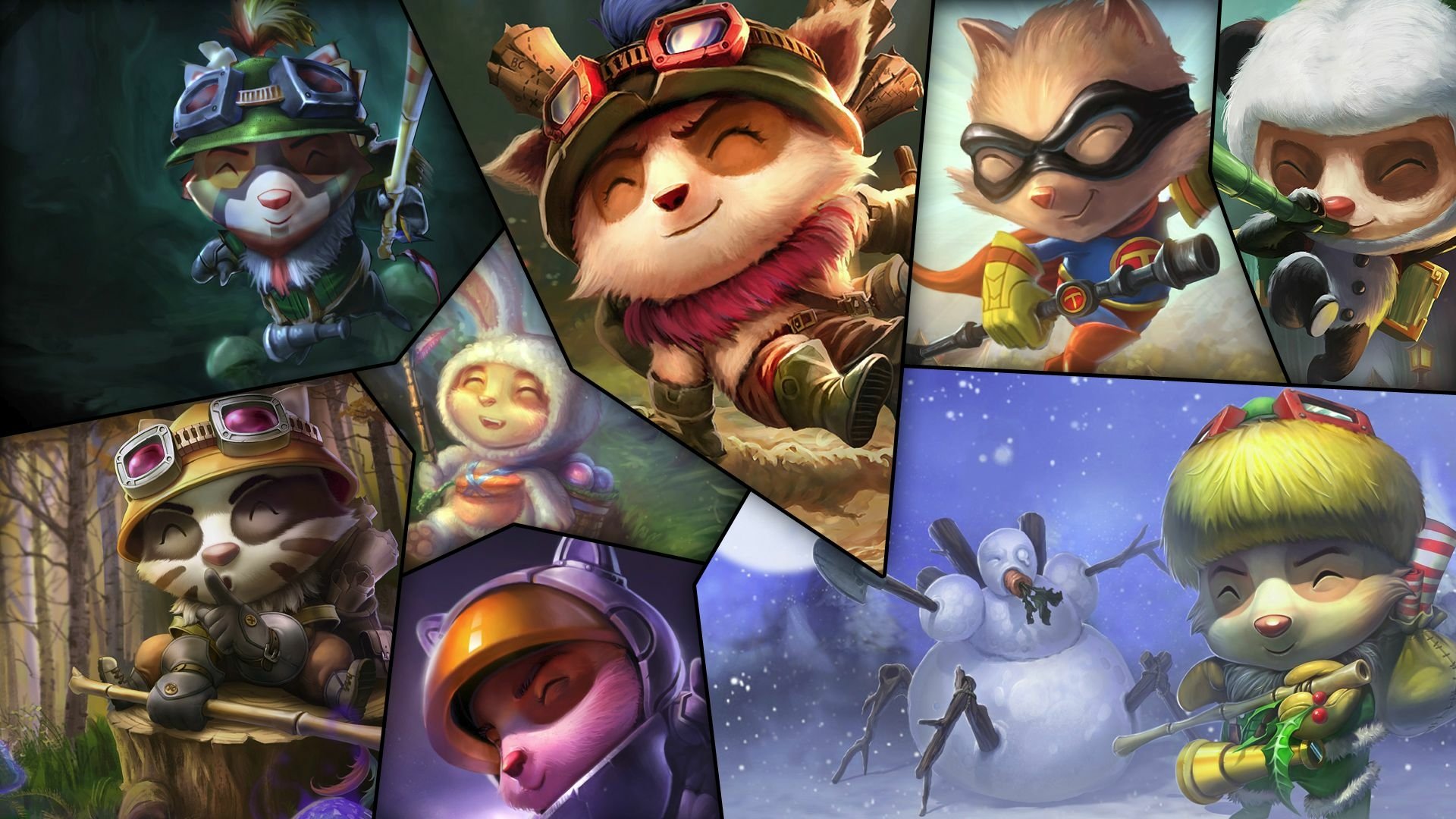 HD PC desktop wallpaper featuring Teemo from League of Legends in various playful and adventurous poses from the video game.