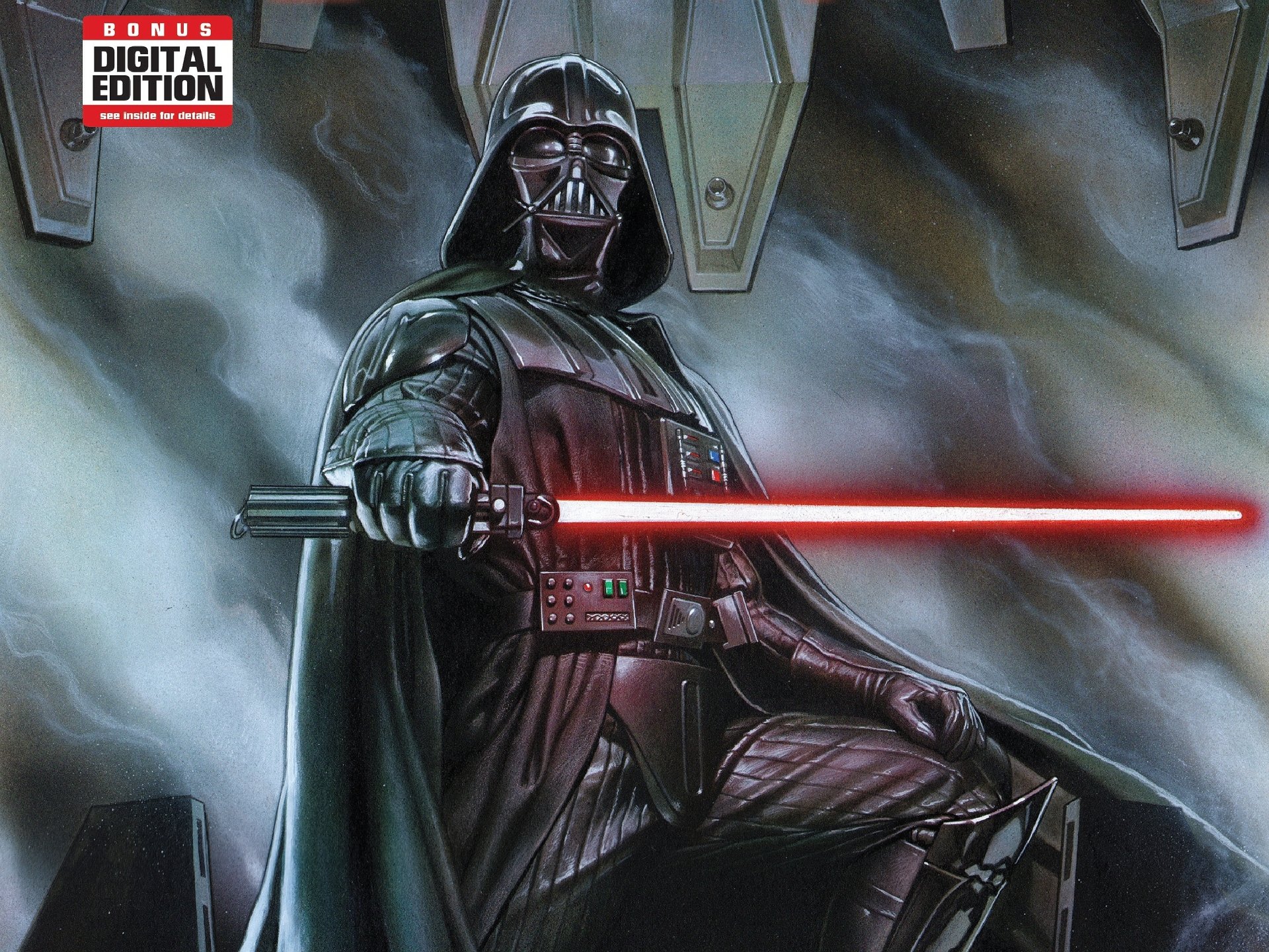 HD PC desktop wallpaper featuring Darth Vader, the iconic Sith from Star Wars, depicted in a dramatic comic-style illustration with his red lightsaber ignited.