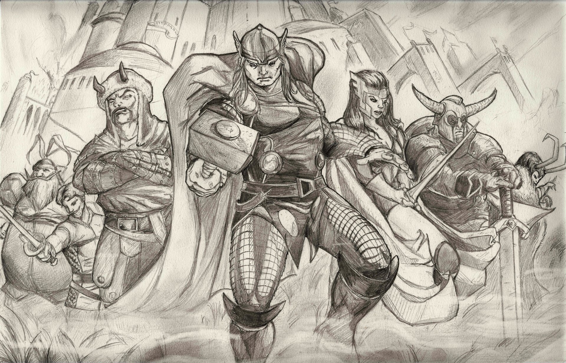 Pencil comic drawing of superhero Thor at center, hammer raised, flanked by armored allies in a dramatic cityscape — 8K Ultra HD PC desktop wallpaper and background.