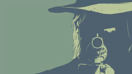 HD desktop wallpaper featuring a stylized comic art from East of West, depicting a figure aiming a gun with a wide-brimmed hat in muted green and blue tones.