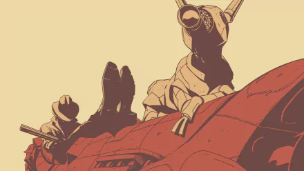 Comic-style East of West HD PC wallpaper/background: masked armored rider and companion on a red mechanical craft against a pale sky.