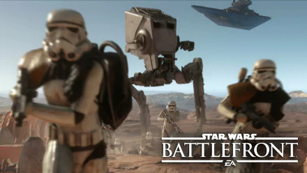 HD PC desktop wallpaper featuring Stormtroopers and an AT-ST walker in a battle scene from the video game Star Wars Battlefront (2015).