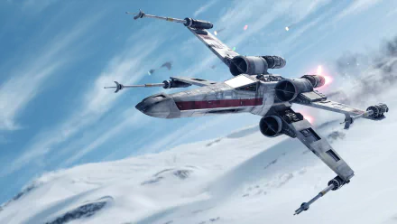 An X-wing fighter soars above icy terrain, showcasing stunning visuals from Star Wars Battlefront (2015) in vibrant 4K Ultra HD, perfect for any desktop background.