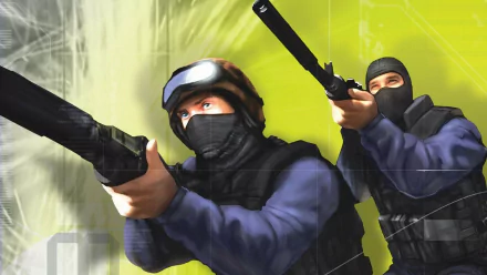 HD PC desktop wallpaper of the video game Counter-Strike: Condition Zero showing two balaclava-clad operatives aiming shotguns against a neon-green abstract background.