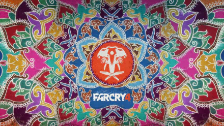 A vibrant HD wallpaper featuring intricate patterns and bold colors centered around the Far Cry 4 logo, showcasing the game's unique aesthetic and visual appeal.