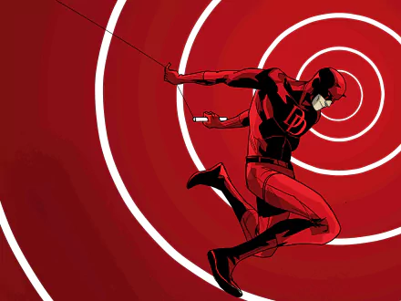 Comic Daredevil leaping with billy club against concentric red target rings, stylized 5K Ultra HD PC desktop wallpaper and background.