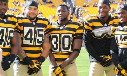 HD PC desktop wallpaper featuring Pittsburgh Steelers players in black and yellow uniforms on the football field with fans in the background.