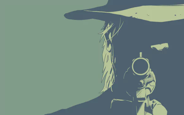 HD desktop wallpaper featuring a stylized comic art from East of West, depicting a figure aiming a gun with a wide-brimmed hat in muted green and blue tones.