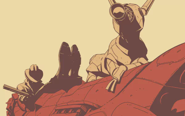 Comic-style East of West HD PC wallpaper/background: masked armored rider and companion on a red mechanical craft against a pale sky.