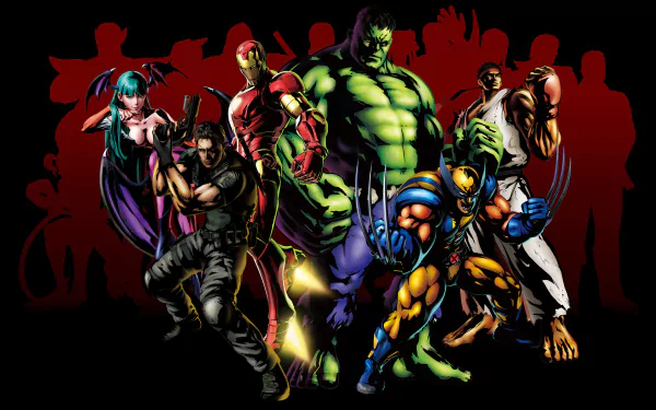 Marvel vs. Capcom 8K Ultra HD wallpaper featuring Iron Man, Wolverine, Hulk, and other iconic heroes in dynamic comic-style poses on a vibrant red and black background.