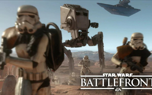 HD PC desktop wallpaper featuring Stormtroopers and an AT-ST walker in a battle scene from the video game Star Wars Battlefront (2015).