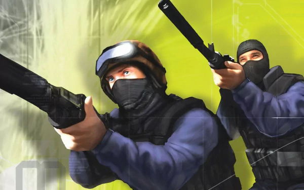 HD PC desktop wallpaper of the video game Counter-Strike: Condition Zero showing two balaclava-clad operatives aiming shotguns against a neon-green abstract background.