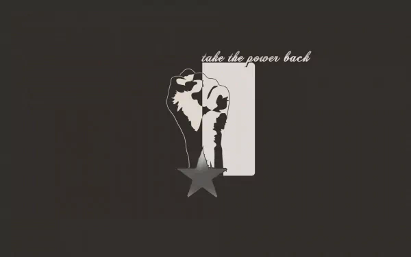 HD desktop wallpaper with a raised fist and a star, signifying communism. The phrase take the power back is written at the top right of the image. The background is dark, enhancing the contrast.