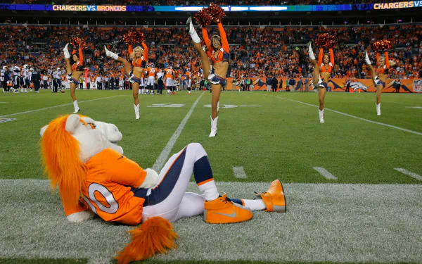 Denver Broncos mascot lounges on the sidelines while cheerleaders perform on the field during an NFL game, captured in this HD sports desktop wallpaper.