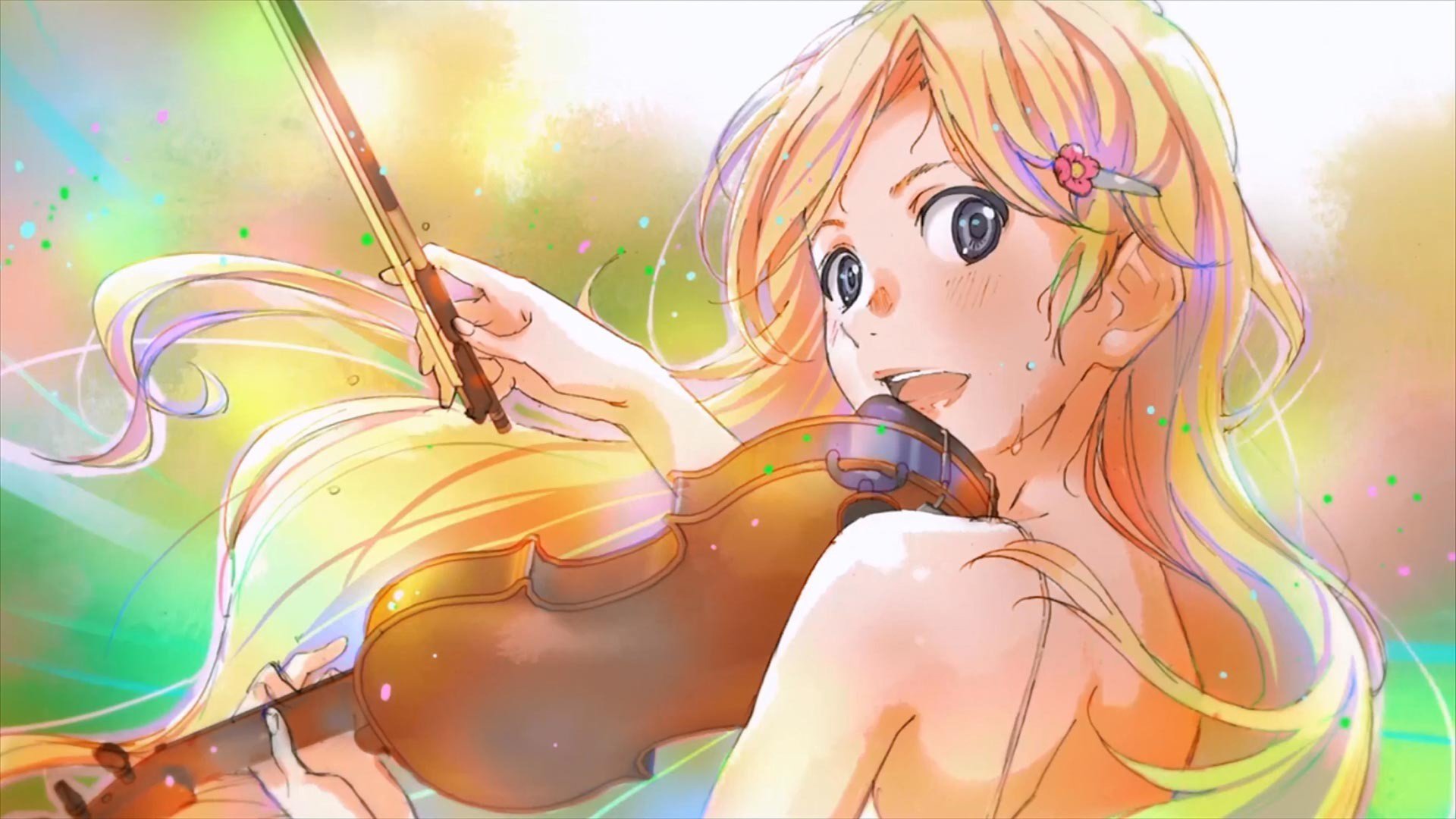 HD desktop wallpaper featuring Kaori Miyazono from the anime Your Lie in April, showing her playing the violin with a bright, colorful background.