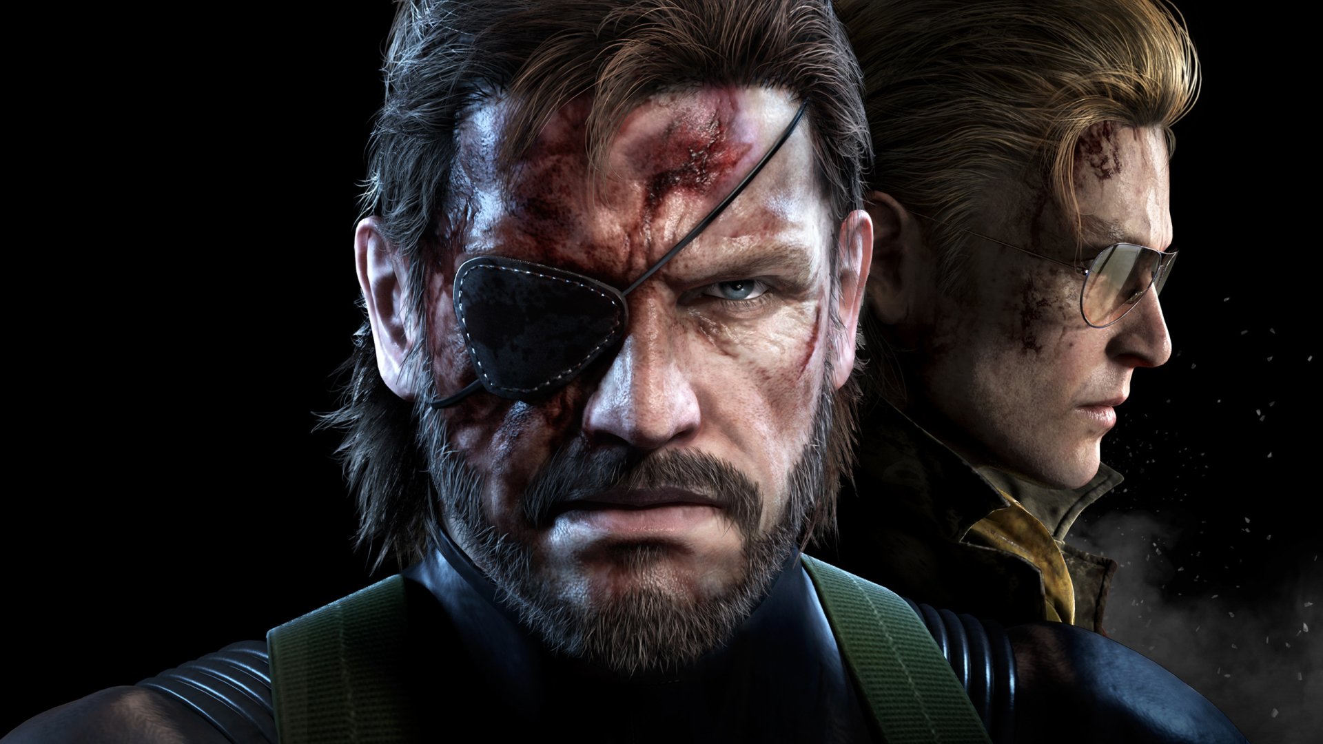 HD PC desktop wallpaper featuring intense close-ups of two characters from the video game Metal Gear Solid V: The Phantom Pain against a dark background.