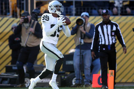 HD sports PC desktop wallpaper: Las Vegas Raiders player in white uniform catching a pass on the field, referees and photographers visible in the stadium background.