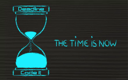 HD desktop wallpaper featuring an hourglass labeled Deadline and Code it with the text THE TIME IS NOW in neon blue on a dark background, tagged with technology and programming.