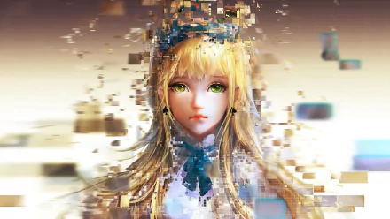 HD anime desktop wallpaper featuring an original character with long blonde hair and striking green eyes, surrounded by digital pixel effects.