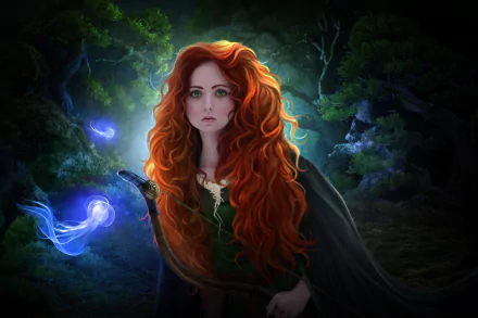 HD PC desktop wallpaper featuring Merida from the movie Brave, set against a mystical forest background with glowing blue wisps.