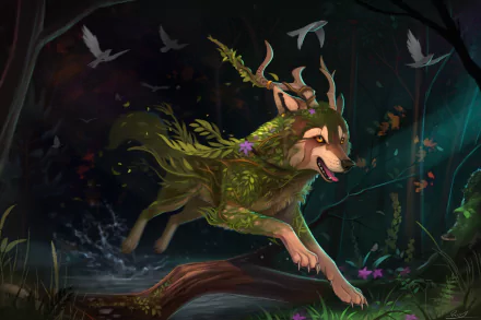 A fantasy-themed HD desktop wallpaper depicting a wolf adorned with flowers and leaves, leaping gracefully over water, surrounded by birds in a mystical forest.