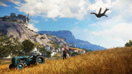 HD desktop wallpaper of Just Cause 3 featuring Rico Rodriguez parachuting over a golden field with a tractor and castle in the background.
