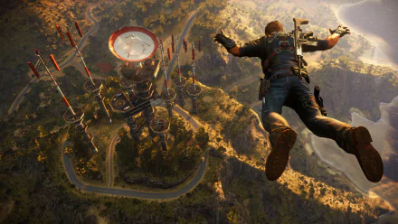 HD desktop wallpaper of Just Cause 3 featuring the protagonist, Rico Rodriguez, skydiving above a military base.