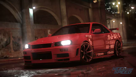 HD desktop wallpaper of a red Nissan Skyline GT-R from Need For Speed (2015), captured in a nighttime street setting with a blurred city background.