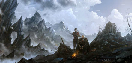 A dramatic scene from Diablo III featuring Deckard Cain and Leah against a backdrop of towering mountains and a smoky sky, capturing the game's dark fantasy atmosphere.
