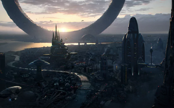 HD futuristic cityscape wallpaper featuring a sci-fi city with towering buildings and a massive ring structure in the background, under a dramatic sunset sky.