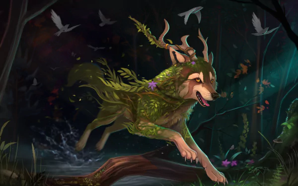 A fantasy-themed HD desktop wallpaper depicting a wolf adorned with flowers and leaves, leaping gracefully over water, surrounded by birds in a mystical forest.