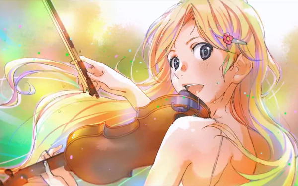 HD desktop wallpaper featuring Kaori Miyazono from the anime Your Lie in April, showing her playing the violin with a bright, colorful background.