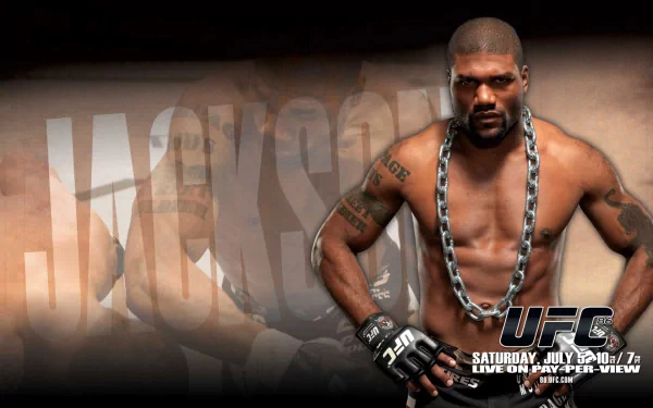 HD PC desktop wallpaper featuring UFC and MMA fighter Quinton Jackson, showcasing his muscular physique with a chain accessory against a bold background.