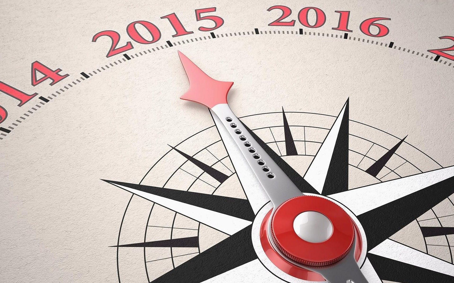 HD PC desktop wallpaper showing a compass-like dial and red-tipped pointer crossing from 2015 to 2016 — New Year holiday background