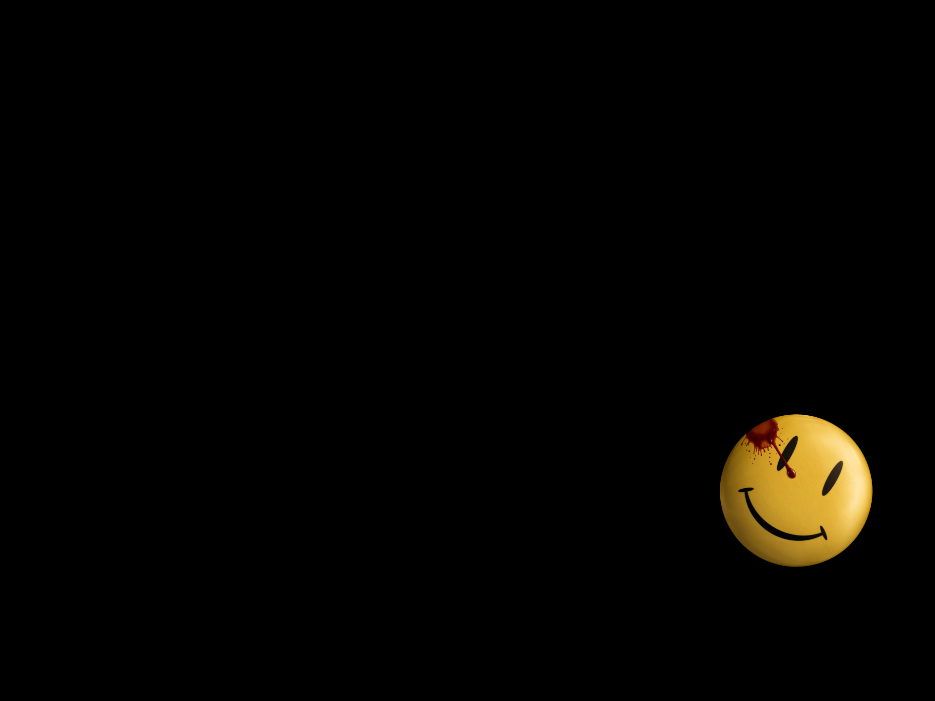 Watchmen comic 4K Ultra HD PC desktop wallpaper: black background with a blood-splattered yellow smiley badge in the lower-right.