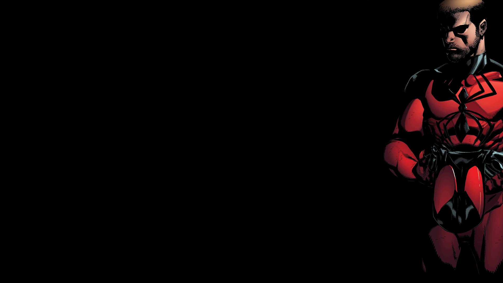 HD PC desktop wallpaper featuring Scarlet Spider from the comics, shown in a dark, dramatic pose against a black background.