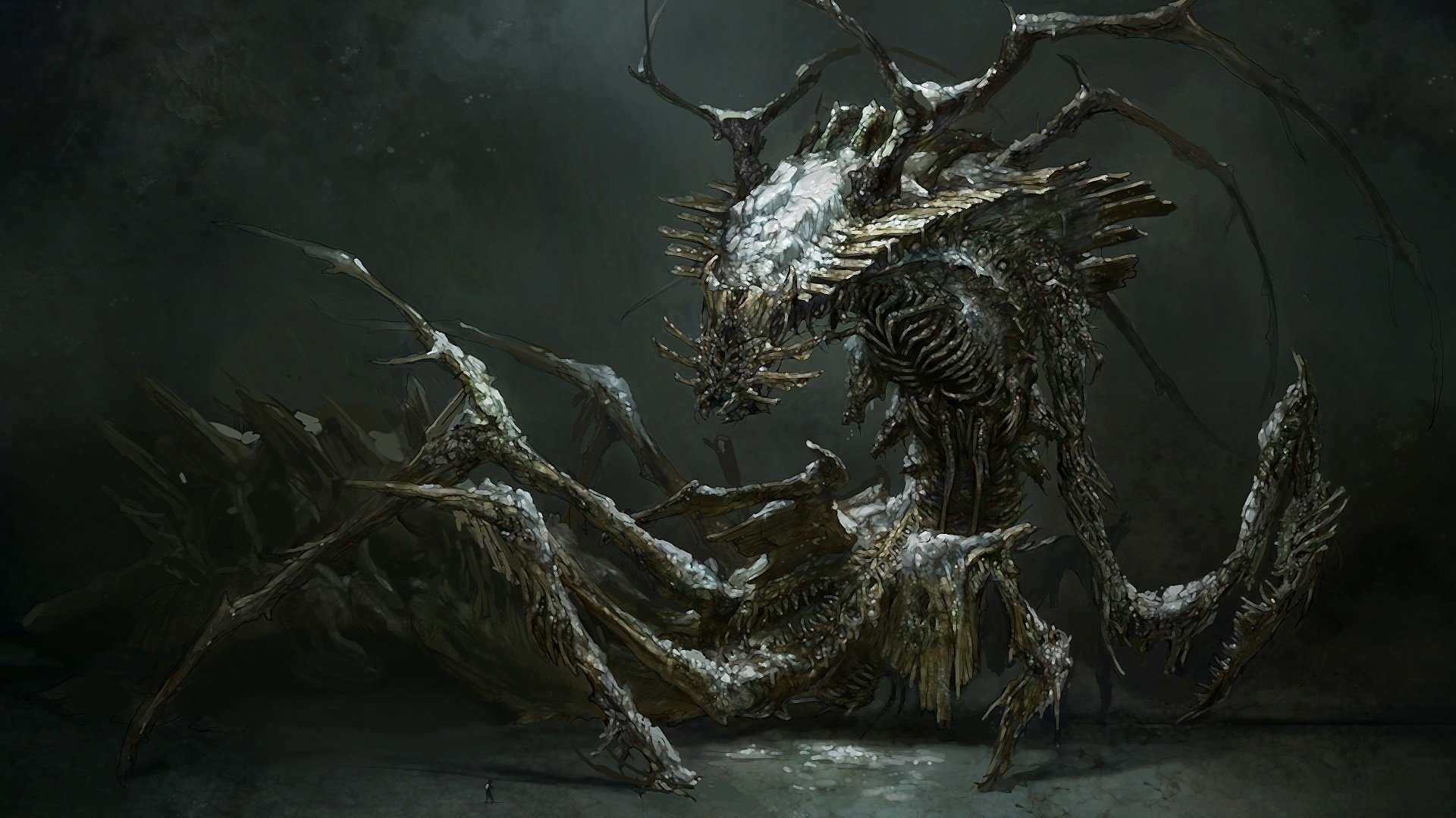 A haunting creature from Dead Space 3 looms ominously in a dark, eerie setting, showcasing intricate textures and a blend of horror and science fiction in this HD PC desktop wallpaper.