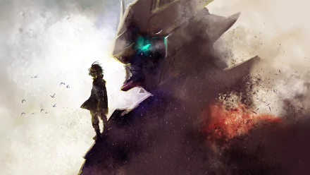 HD desktop wallpaper featuring Mikazuki Augus and ASW-G-08 Gundam Barbatos from Anime “Mobile Suit Gundam: Iron-Blooded Orphans.” Mikazuki stands heroically against a dramatic, smoky background.