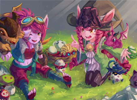 HD League of Legends PC wallpaper featuring Tristana and Lulu with dragon-themed outfits, surrounded by dragon eggs in a vibrant video game setting.