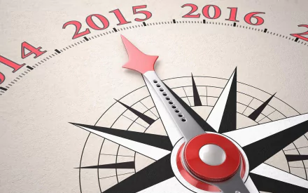 HD PC desktop wallpaper showing a compass-like dial and red-tipped pointer crossing from 2015 to 2016 — New Year holiday background