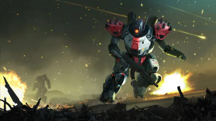 HD PC desktop wallpaper/background from the video game Heavy Gear II: a red-and-black combat mech charges through explosions and flying debris on a smoky battlefield, with distant mechs looming.