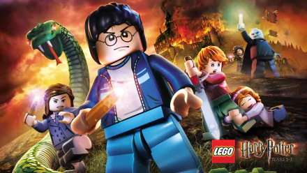 HD PC desktop wallpaper featuring LEGO Harry Potter: Years 5-7 characters in action, with Harry holding his wand and a dramatic background scene from the video game.