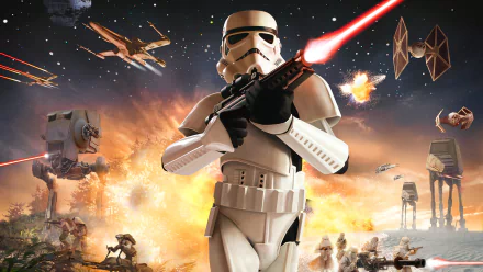 A dynamic HD wallpaper featuring an AT-AT Walker and X-Wing in a Star Wars Battlefront (2015) scene, showcasing a stormtrooper amidst an explosive battle.