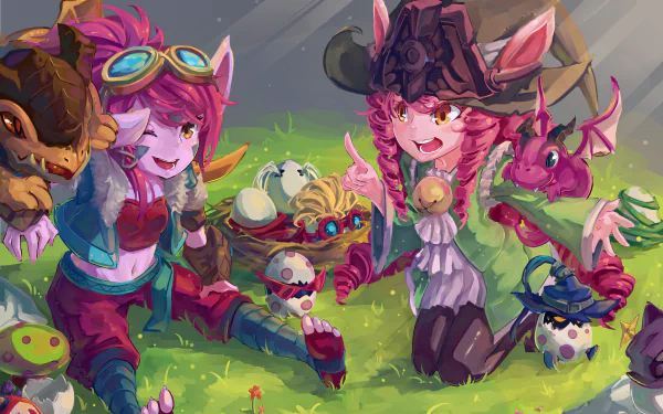 HD League of Legends PC wallpaper featuring Tristana and Lulu with dragon-themed outfits, surrounded by dragon eggs in a vibrant video game setting.