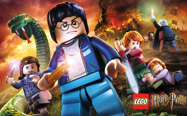 HD PC desktop wallpaper featuring LEGO Harry Potter: Years 5-7 characters in action, with Harry holding his wand and a dramatic background scene from the video game.